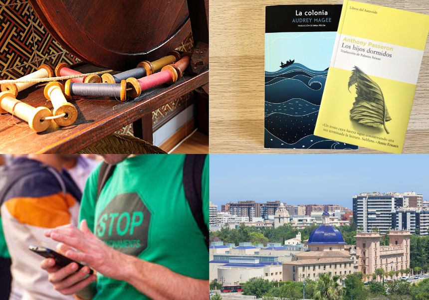 'Collage' con las portadas de los libros de los clubes de lectura, fachada del Museo de Bellas Artes, bobinas de hilo y miembros de la plataforma antidesahucio